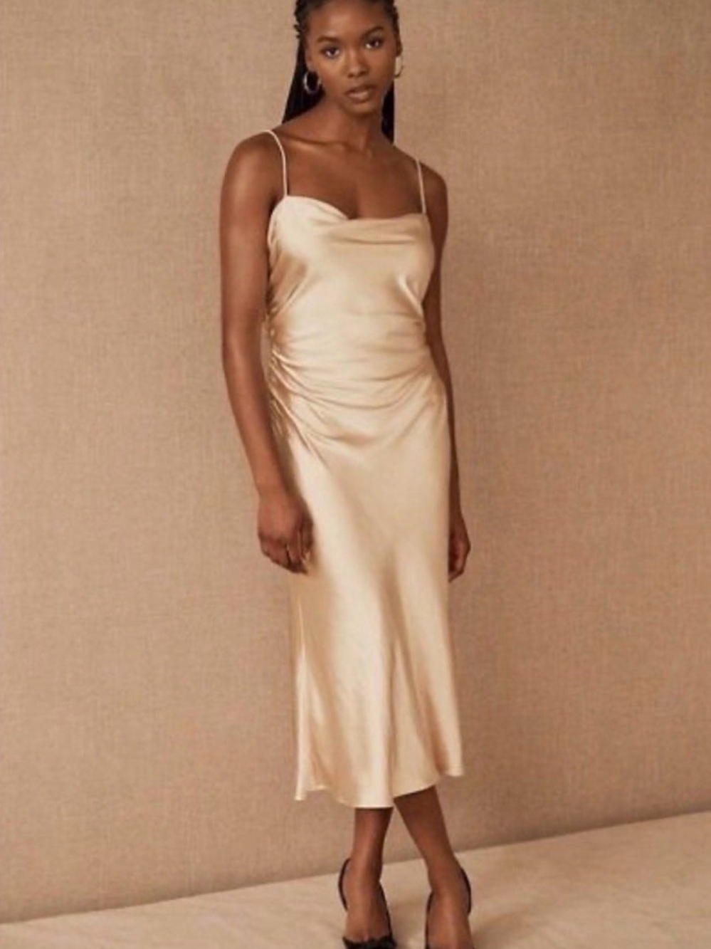 BHLDN NWT Sachin & Babi Champagne Gold Satin Cowl-Neck Midi Dress